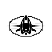 Futuristic Jet in Shieldlike Emblem A stark, symmetrical monochrome featuring a stylized jet fighter within a geometric frame. vector
