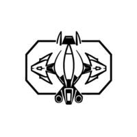 Black and White Futuristic Spacecraft Emblem in Octagon, Illustration, Minimalist . vector
