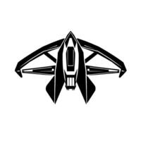 Sleek, symmetrical black and white illustration of a stylized futuristic aircraft, possibly a fighter or drone. Angular and high contrast. vector