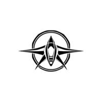 Geometric Minimalist Emblem Futuristic Jet Within a Circular Frame, Monochromatic Style on White Background. vector