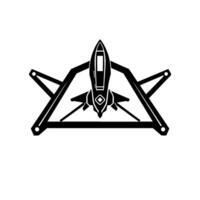 Minimalist Black and White Illustration of a Futuristic Fighter Jet Enclosed within a Geometric Triangular Structure. vector