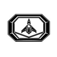 Black and white stylized spaceship inside a geometric octagonal frame, modern and symmetrical . vector