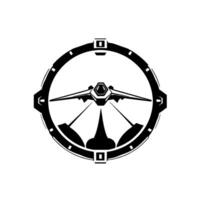 Futuristic, minimalist featuring a stylized spacecraft within a compasslike circle, with a black and white palette. vector