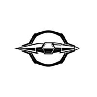 of a stylized spaceship emblem, featuring a central hexagonal form with pointed ends, encased in a dark circular frame against white. vector