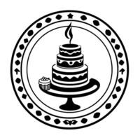 Elegant Black and White Circular Emblem Featuring a Tiered Cake, Cupcake, and Candle, Bordered by Decorative Elements. vector