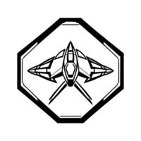 Bold, black and white symmetrical illustration of a futuristic spaceship contained within an octagonal frame, highlighting sharp angles. vector