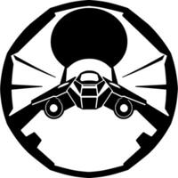 Futuristic Spacecraft Silhouette in an Octagonal Frame, Emerging from a Black Sphere, Illustration. vector