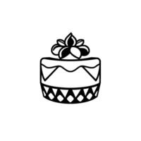 Stylized Black and White Cake Illustration with Floral Topping, Geometric Base and Simple Lines on White Background. vector