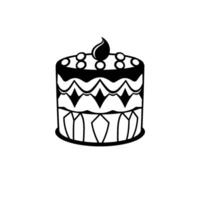 Stylized black and white cake illustration with ornamental layers, dots, and a single candle flame on top, set against a clean white backdrop. vector