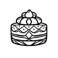 Stylized Black and White Cake Illustration Featuring Intricate Geometric Patterns and Florallike Topping, Isolated on White. vector