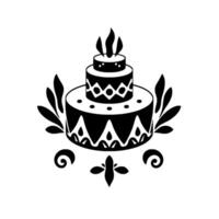 Stylized Black and White Illustration of a ThreeTier Cake Adorned with Decorative Patterns and Foliage Elements on White Background. vector