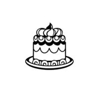Black and White Illustration of a TwoTiered Cake on a Plate, Decorated with Cream Swirls and Scalloped Edges, on a White Background vector