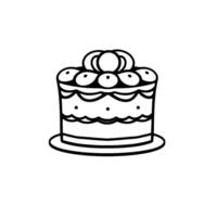 Simple, stylized illustration of a round cake with rounded frosting and berry details, sitting on a cake stand, rendered in a clean black and white line art. vector