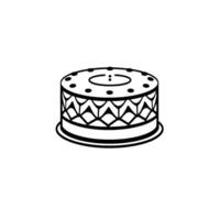 A minimalist black and white illustration of a cylindrical cake with a detailed geometric pattern and a central indentation. vector