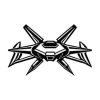 Symmetric black and white digital illustration of a futuristic spacecraft with angled wings and sharp protrusions, on a white background. vector