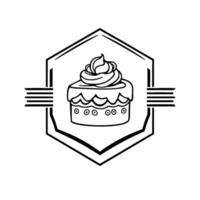 Black and white illustration of a cupcake with a swirl of icing, presented within a geometric hexagon frame, flanked by horizontal lines. vector