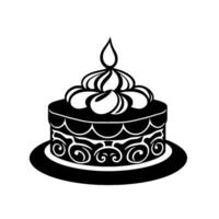 Ornate Black and White Cake Illustration with a single flame, featuring layered cake, decorative swirls, and a scalloped on a circular base. vector