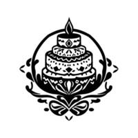 Decorative Black and White Illustration of a Tiered Cake with Floral Elements, Candle Flame, and Ornate Framing. vector