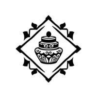 Intricate Black and White Illustration of a Decorative Tiered Vessel Within a Geometric, Ornamental Framework. vector