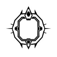 Geometric black and white symmetrical emblem with sharp angles, spikes, and a central open square, resembling futuristic . vector