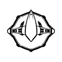 Symmetric, Futuristic Black White Illustration of a Geometric Spacecraft with Sharp Angles and a Minimalist Aesthetic. vector