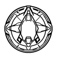 Geometric, detailed black and white circular featuring sharp angles, symmetrical patterns, and futuristic aesthetics on a white background. vector