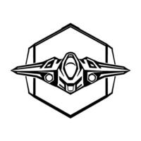 Black and White Illustration of a Futuristic Spacecraft within a Hexagonal Frame, Ideal for Logos and Badges. vector