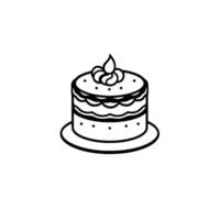 A simplified black and white illustration of a layered round cake with frosting detail on a simple plate, isolated. vector