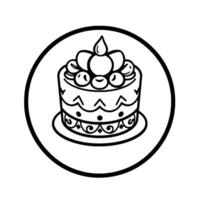 Elegant Black and White Illustration of a Layered Cake Decorated with Berries, Isolated within a Circular Frame. vector