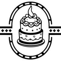 Black and White Illustration of a TwoTiered Cake Decorated with Swirls and a Flame Inside a Decorative Oval Frame. vector