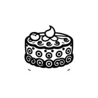 Black and White Cake Illustration, Decorated with Swirls, Dots and Topping, on White Background. Simple, Decorative . vector