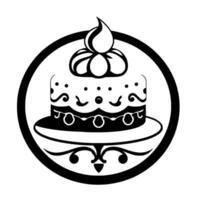 An ornate, monochrome cake illustration in a circular frame, featuring intricate decorations, a cake stand, and a whipped cream topping. vector