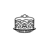 Ornate Black and White Cake Illustration, Featuring Intricate Swirls, Delicate Detailing, and Set Upon a Plate. vector