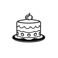 Minimalist Black and White Illustration of a Tiered Cake with Wavy Decorations, Pearllike Candle Flame, and Circular Base. vector