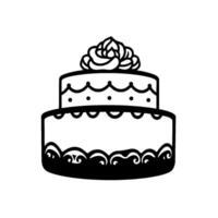 Twotiered cake illustration, ornate frosting with decorative swirly patterns and a flower topping, minimalist black and white , isolated. vector