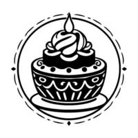 Intricate Black and White Illustration of a Layered Cake with Whipped Cream, Candle, and Decorative Border. vector