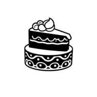 Elegant Black White Illustration of a TwoTier Cake with Decorative Icing and Topping, Isolated on White. vector