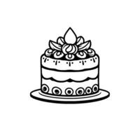 Black and white illustration of a twotiered cake adorned with floral icing and dot decorations, presented on a circular plate. vector