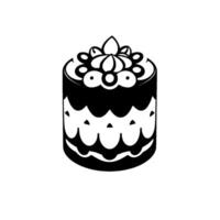 Elegant, minimalist, black and white illustration of a round cake decorated with stylized berries and scalloped edges, creating a festive and inviting visual. vector
