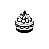 A minimalist black and white illustration of a tiered cake, adorned with stylized floral frosting and a minimalist . vector