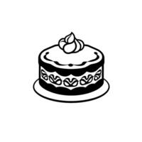Minimalist Black and White Illustration of a Round Cake on a Plate, Decorated with Icing and Ornamental Patterns. vector