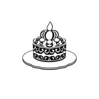 Detailed Black and White Illustration of a Tiered Cake with Ornamental Details, Decorative Top, and Serving Platter on a White Background. vector
