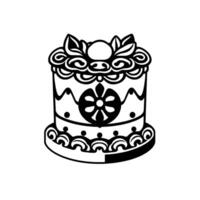 Intricate Black and White Cake Illustration Featuring Floral Decorations, Patterned Layers, and Circular Base with a Flower Symbol. vector
