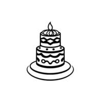 Minimalist Black and White Illustration of a ThreeTiered Birthday Cake with a Lit Candle on Top, Set on a Circular Stand. vector