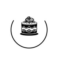 Monochrome, style illustration of a layered cake with decorative frosting, set within a circular frame on a white background. vector