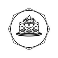 Ornate Cake within Geometric Frame A detailed black and white illustration of a layered cake on a plate, encircled by a decorative, polygonshaped border, conveying elegance. vector