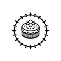 A circular black and white illustration featuring a decorated cake inside a decorative frame, with a floral top and vintage style. vector