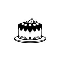 A stylized, twolayered black and white cake with frosting, berries, and a leaf on a decorated plate, in a minimalist . vector