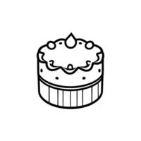 Minimalist black and white illustration of a round, decorated cake with frosting, dots, and a central dropshaped decoration on a white background. vector
