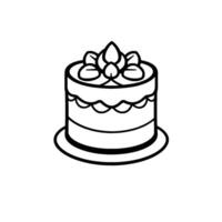 A minimalist black and white illustration of a tiered cake, adorned with stylized leaflike decorations, presented on a simple cake stand. vector